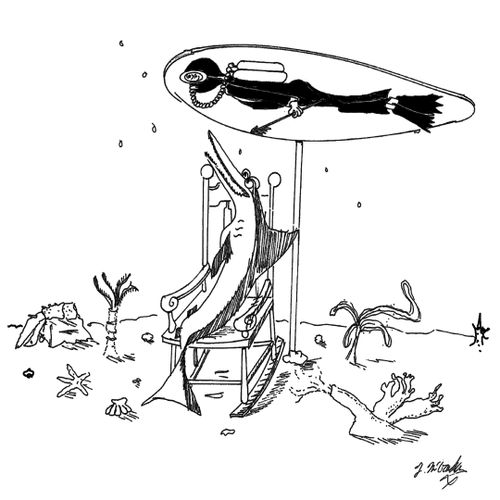 A shark sits in a rocking chair with a scuba diver mounted behind him.