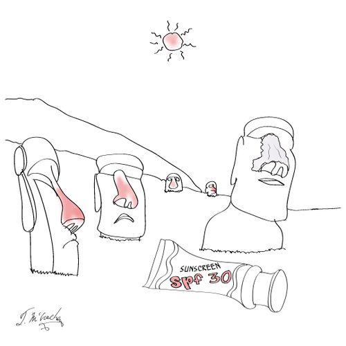 A statue on Easter Island with sunscreen.