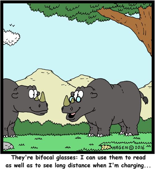 "They're bifocal glasses: I can use them to read as well as to see long distance when I'm charging..."