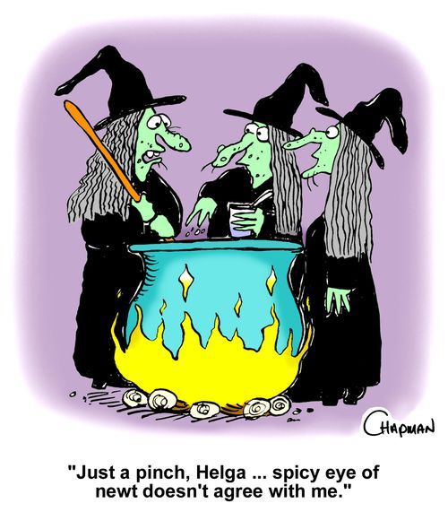 "Just a pinch, Helga ... spicy eye of newt doesn't agree with me."