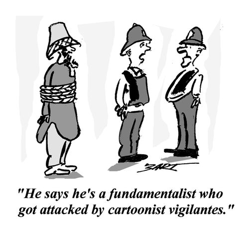 "He says he's a fundamentalist who got attacked by cartoonist vigilantes."