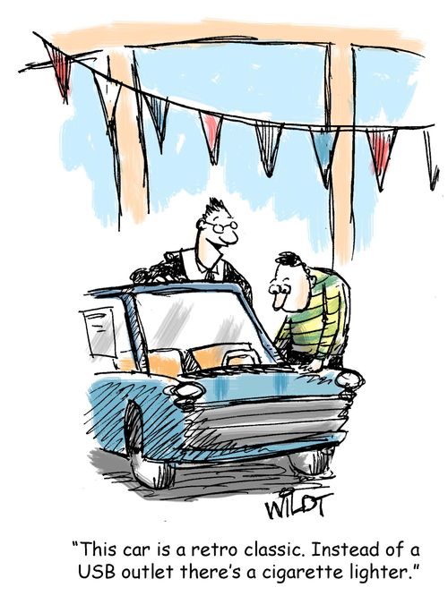 "This car is a retro classic. Instead of a USB outlet there's a cigarette lighter."