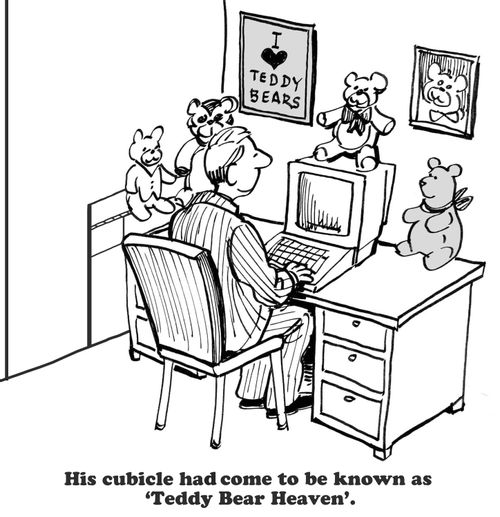 His cubicle had come to be known as 'Teddy Bear Heaven'.