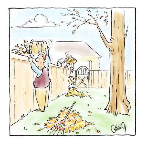Neighbors tossing leaves over fence.