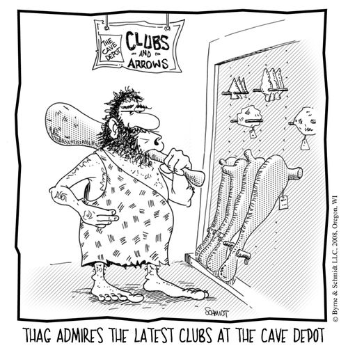 Thag admires the latest clubs at the cave depot.