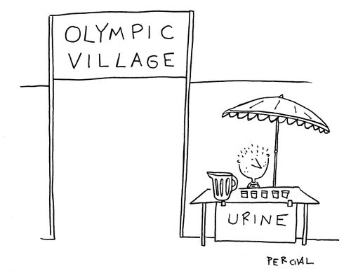 Olympic village with boy selling urine samples outside.