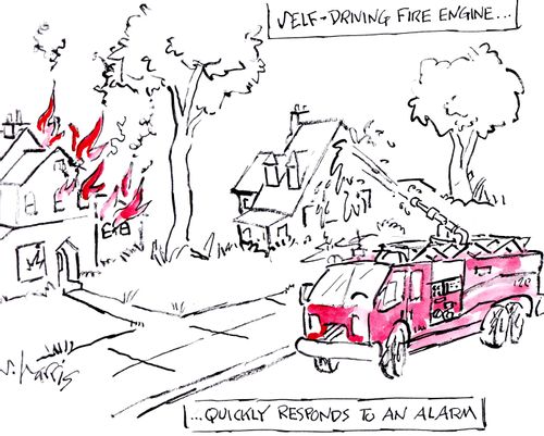 Self-driving fire engine...quickly responds to an alarm.