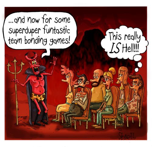 "...and now for some superduper funtastic team bonding games!"