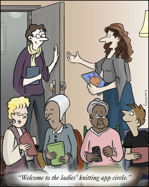"Welcome to the ladies' knitting app circle."