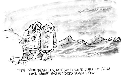 "It's nine degrees, but with the wind chill it feels like minus two hundred seventeen."