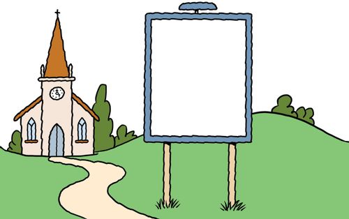 A blank church notice board with church in background