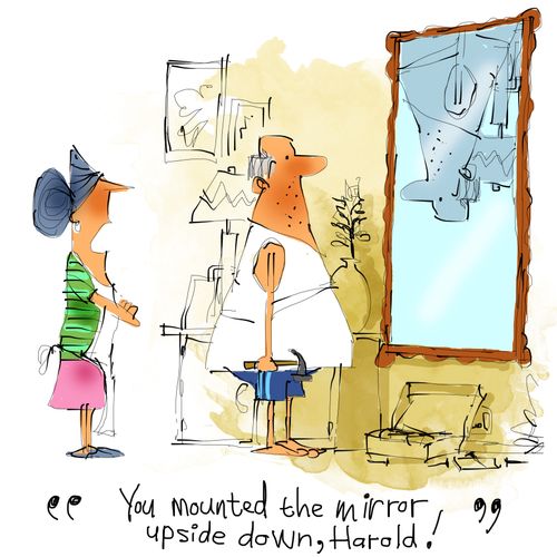 "You mounted the mirror upside down, Harold!"