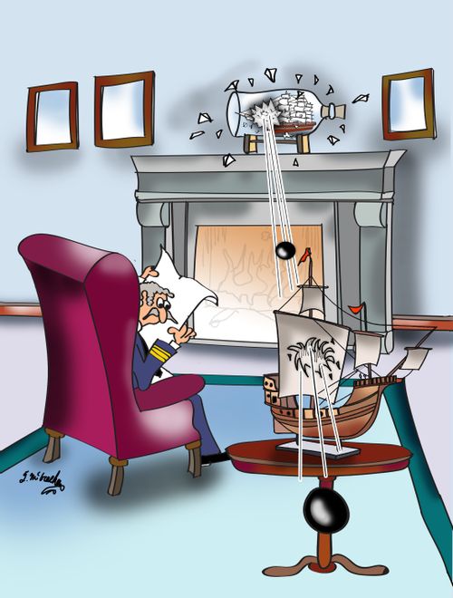 A ship in a bottle fires a cannon ball at a model ship in an admiral's den.