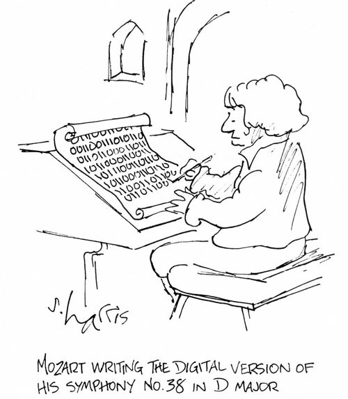 Mozart writing the digital version of his Symphony No. 38 in D major.