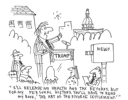 "I'll release my health and tax records, but for my personal history, you'll have to read my book, 'The Art of the Divorce Settlement.'"