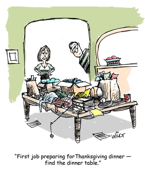 "First job preparing for Thanksgiving dinner - find the dinner table."
