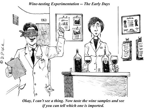 "Okay, I can't see a thing. Now taste the wine samples and see if you can tell which one is imported."