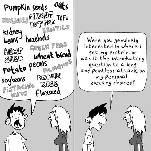 "Were you genuinely interested in where I get my protein, or was it the introductory question to a long and pointless attack on my personal dietary choices?"
