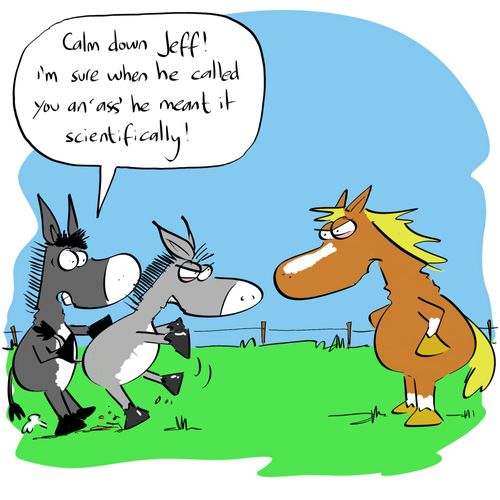 "Calm down Jeff! I'm sure when he called you an ass he meant it scientifically!"