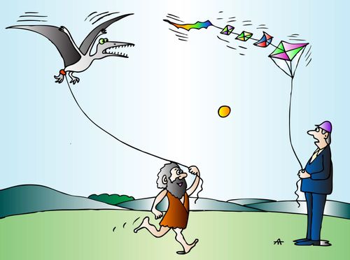 Caveman with a dinosaur kite