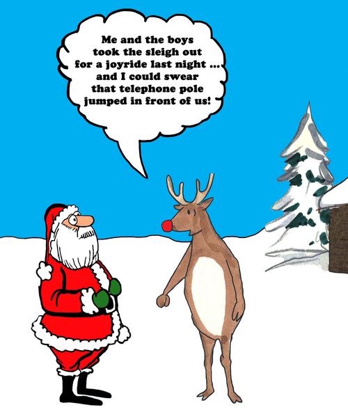 "Me and the boys took the sleigh out for a joyride last night....and I could swear that telephone pole jumped in front of us!"