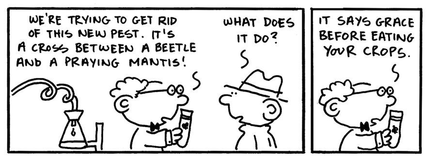 "...It's a cross between a beetle and a praying mantis. It says grace before eating your crops."