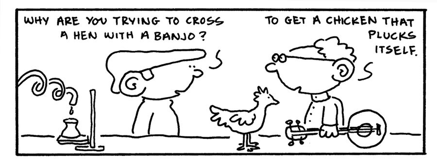 "Why are you trying to cross a hen with a banjo?"