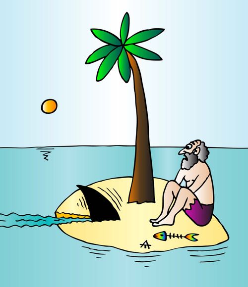 Shark attacks man on desert island.