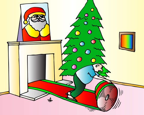 Man rolls out the red carpet for Santa Claus.