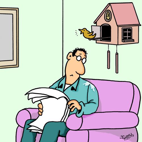 Cuckoo clock poops on man's shoulder.