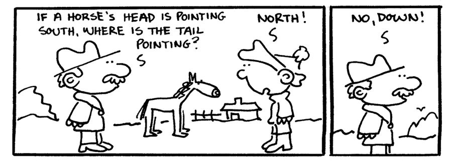 "If a horse's head is pointing south, where is the tail pointing?"