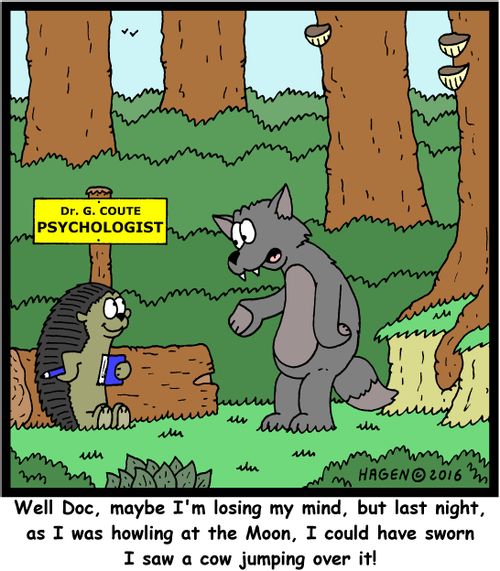 "Well Doc, maybe I'm losing my mind, but last night, as I was howling at the Moo, I could have sworn I saw a cow jumping over it!"