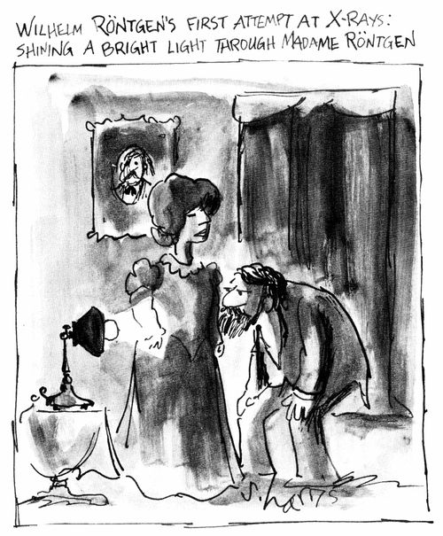 Wilhelm Rontgen's first attempt at X-rays: shining a  bright light through Madame Rontgen.