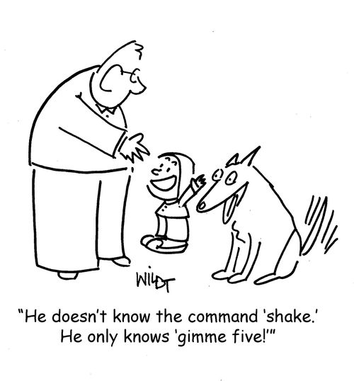 "He doesn't know the command 'shake.' He only knows 'gimme five.'"