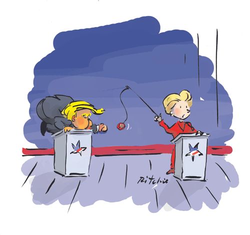 Clinton waving cat toy at Trump