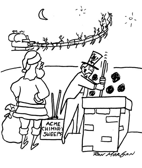 Santa Claus waits for chimney sweep to clean chimney before he enters it.