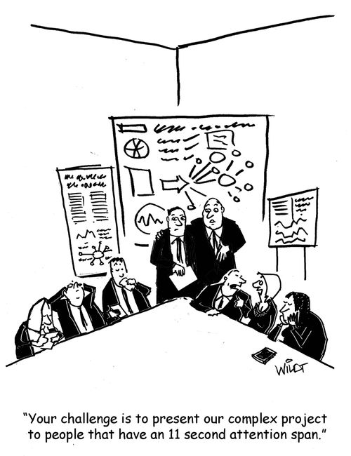 "Your challenge is to present our complex project to people that have an 11 second attention span."