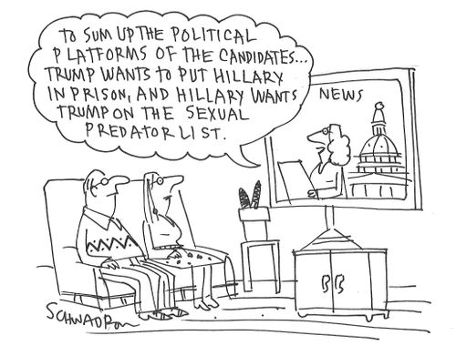 "To sum up the political platforms of the candidates....Trump wants to put Hillary in prison, and Hillary wants Trump on the sexual predator list."