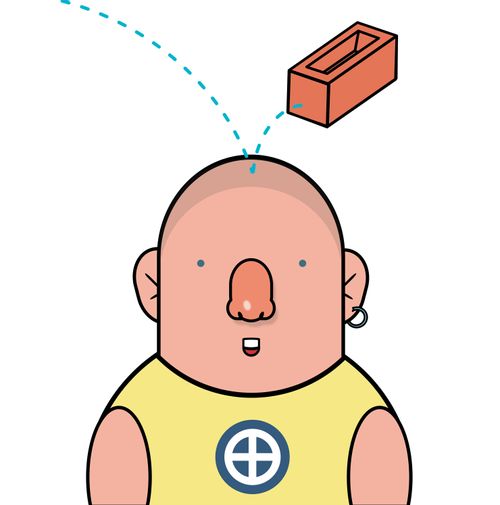A skinhead with brick bouncing off his head