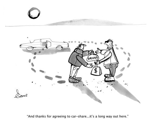 "And thanks for agreeing to car-share...it's a long way out here."