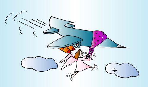 Angel ties a blindfold on a jet