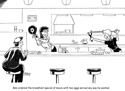 Bob ordered the breakfast special of bacon with two eggs served any way he wanted.