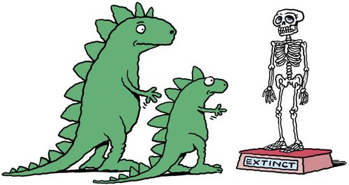 Two dinosaurs view a human skeleton labelled extinct