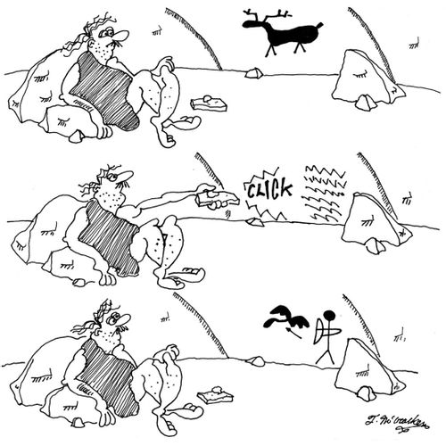 A caveman with a remote control unit changes the cave drawings on his wall with a flick of the button.