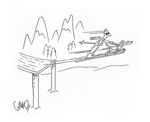 Guide dog leads blind ski jumper off ramp.