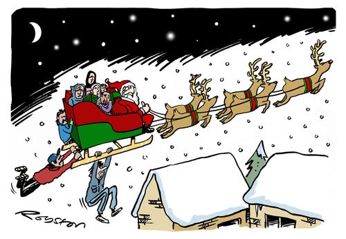 Migrants leap on the Santa's sleigh