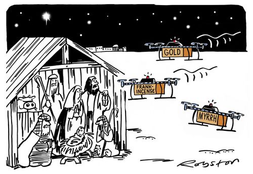 Drones deliver gold, frankincense and myrrh to baby Jesus.
