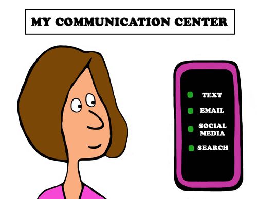 Color illustration of a cell phone, 'my communication center'.