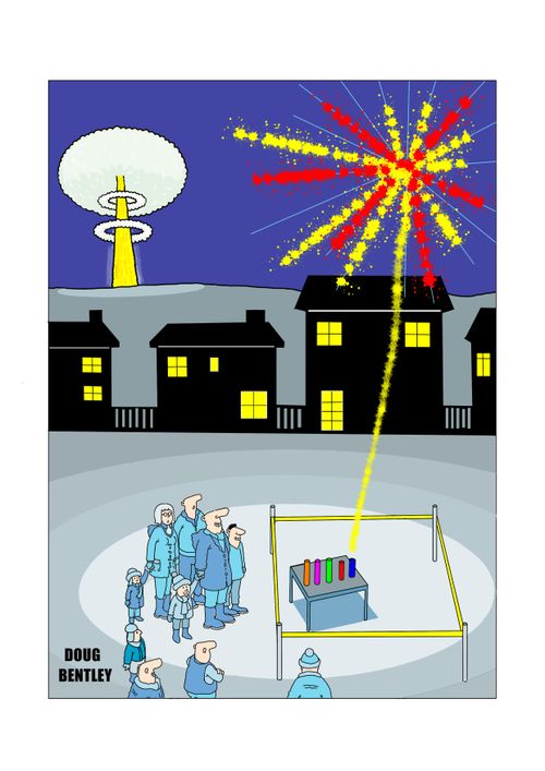 Fireworks party and nuclear mushroom cloud in background.