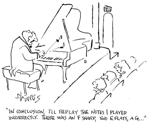 "In conclusion , I'll replay the notes I played incorrectly.  There was an F sharp, two E flats, a G..."